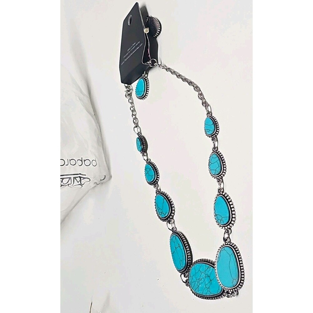 Paparazzi Silver Tone Cable Chain Necklace Simulated Turquoise Oval Bezel Links